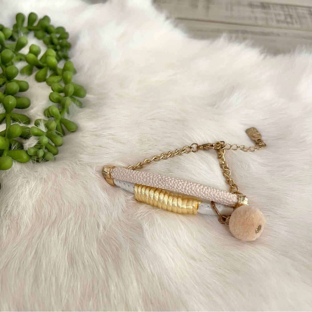 Multi-Textured Double Bar Statement Bracelet Pom Pom Accent Gold Tone Pink White